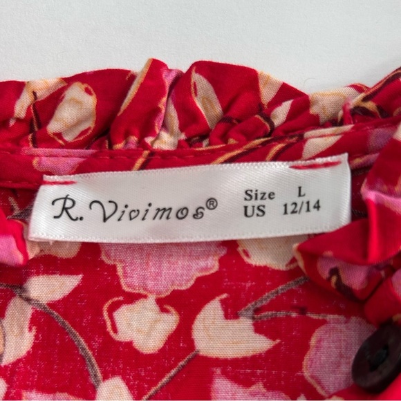 R. Vivimos Red Floral Sleeveless Maxi Dress Flowy Boho Ruffle Cottage SZ Large - Picture 2 of 14